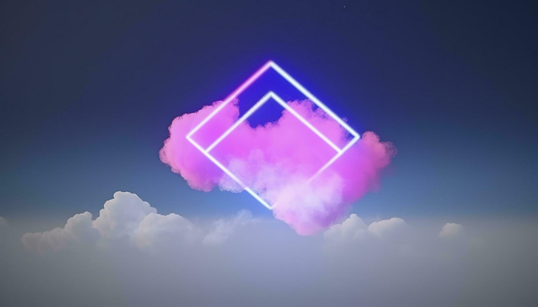 3d render, abstract minimal background with pink blue yellow neon light square frame with copy space, illuminated stormy clouds, glowing geometric shape, generate ai photo