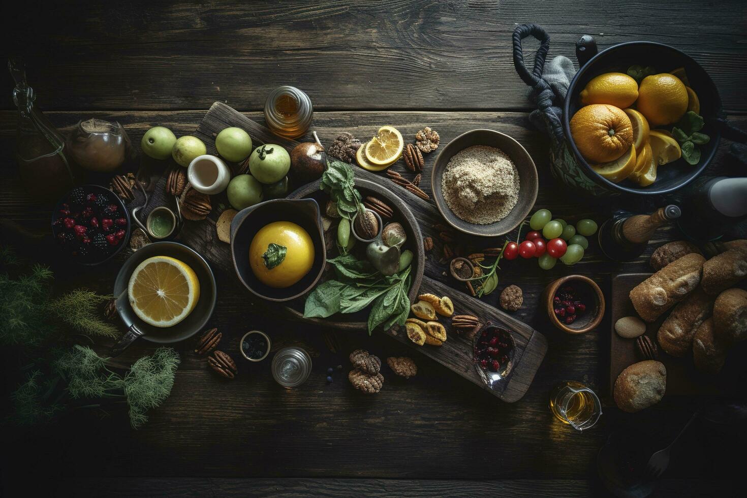 Table scene with a selection of delicious foods. Top view over a dark wood banner background, generate ai photo