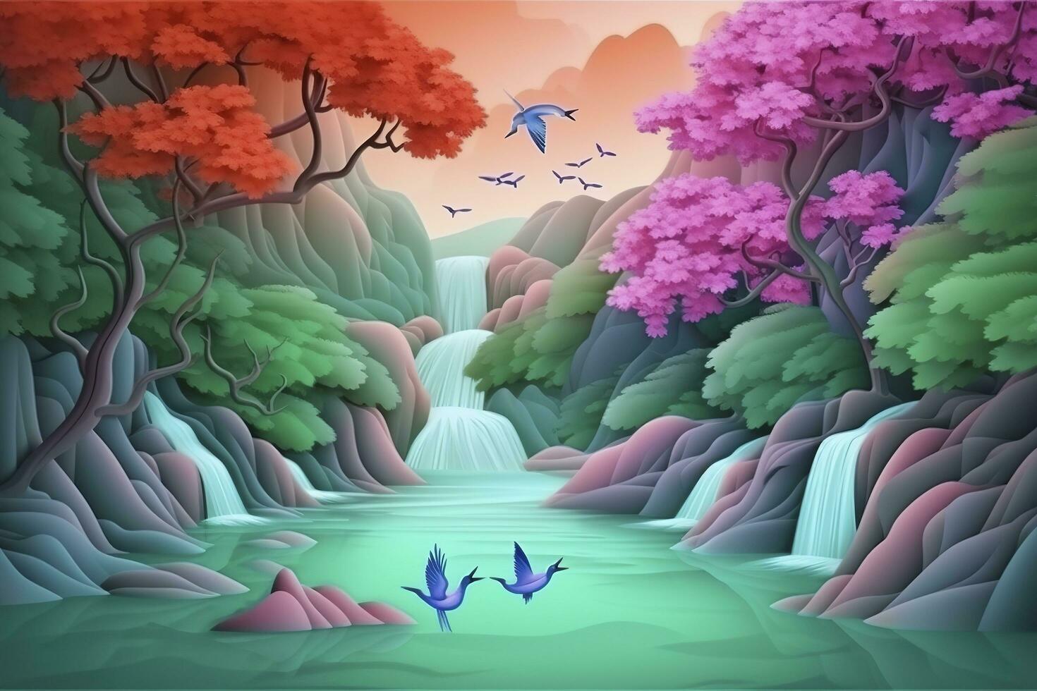 3d mural colorful landscape. flowers branch multi colors with trees and water. Waterfall and flying birds. suitable for printing on canvas, generate ai photo
