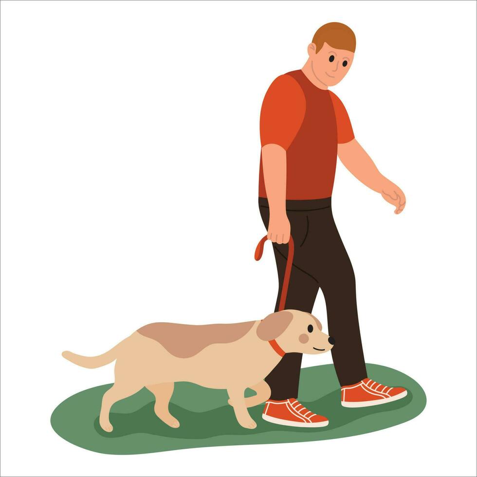 Happy owner and pet concept vector. Flat cartoon character with man walking with his dog, dog training. Animal and human illustration design for decoration, cover, website, poster. vector