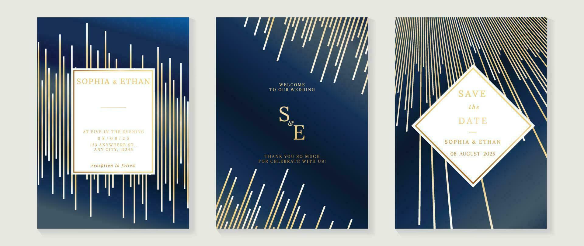 Luxury wedding invitation card background vector. Golden elegant geometric shape, gold lines on dark blue background. Premium design illustration for wedding and vip cover template, banner, poster. vector