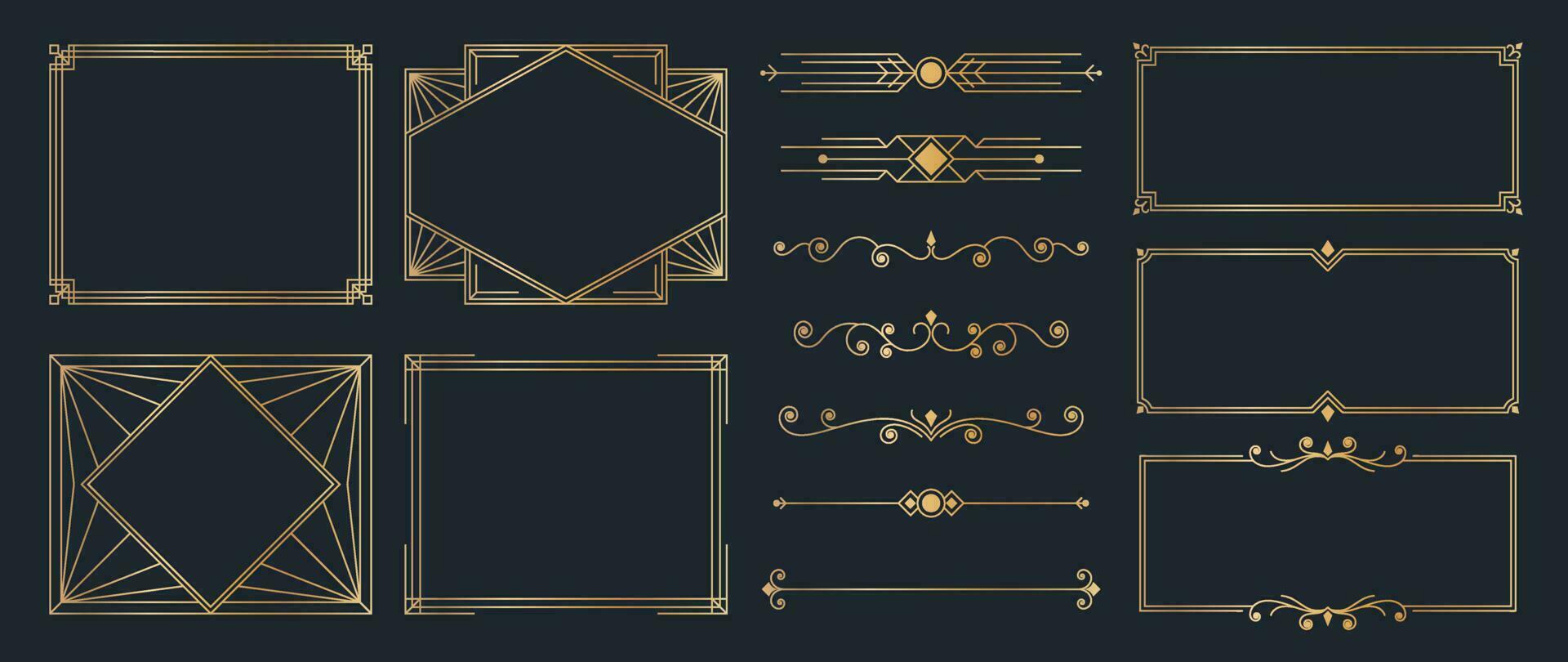 Collection of geometric art deco ornament. Luxury golden decorative elements with different lines, frames, headers, dividers and borders. Set of elegant design suitable for card, invitation, poster. vector