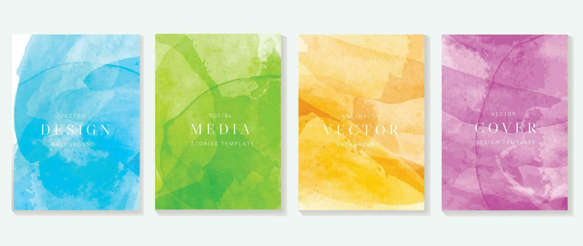 Watercolor art background cover template set. Wallpaper design with paint brush, green, blue, pink, orange, brush stroke. Abstract illustration for prints, wall art and invitation card, banner. vector