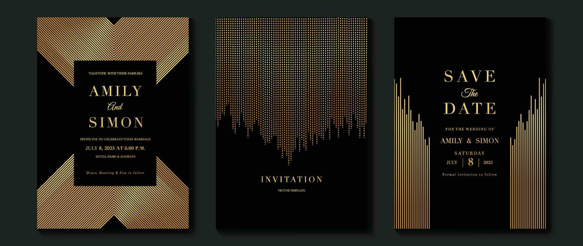 Luxury wedding invitation card background vector. Golden elegant geometric shape, gold lines on dark background. Premium design illustration for wedding and vip cover template, banner, poster. vector