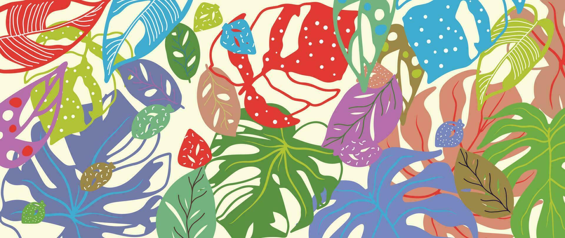 vistoso tropical hojas y botánico antecedentes vector. resumen fondo de pantalla de hoja sucursales, monstera con contorneado textura. exótico plantas en verano tono para bandera, huellas dactilares, decoración, pared Arte. vector