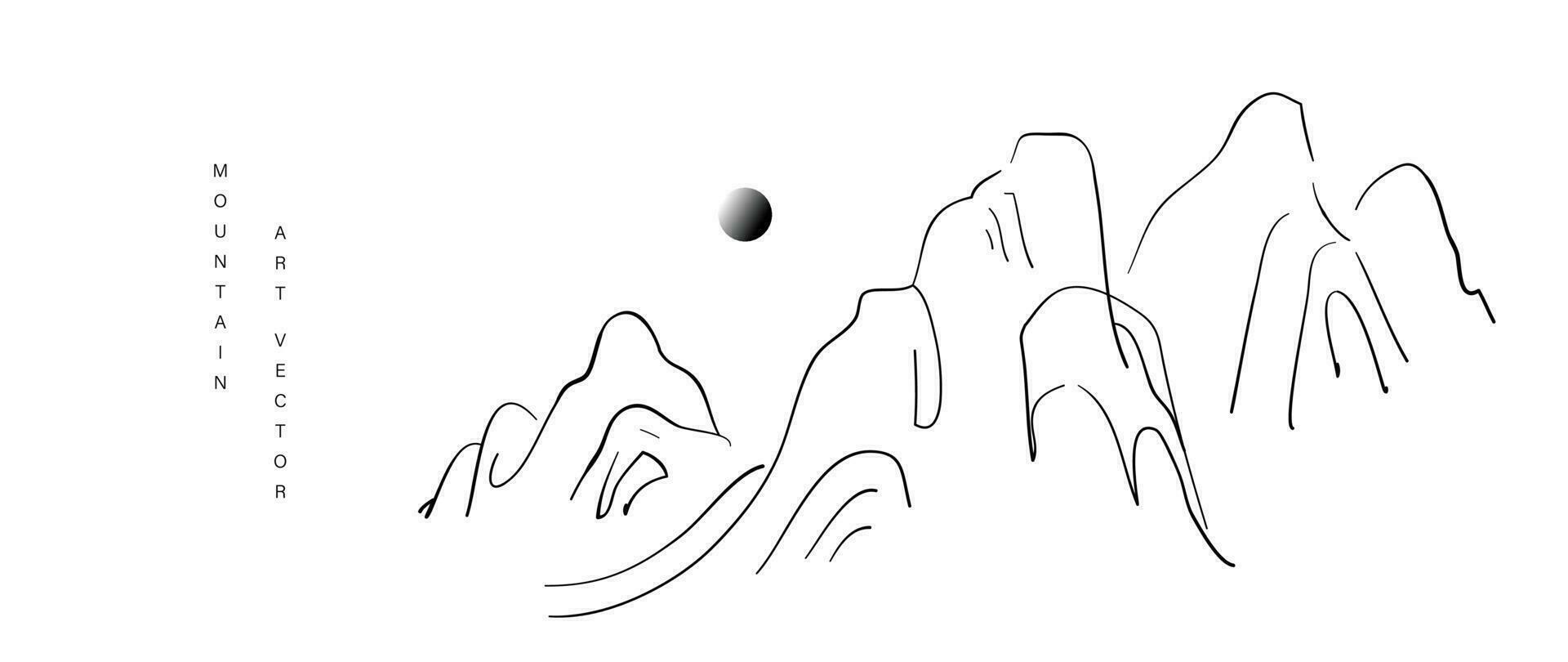 montaña en oriental estilo antecedentes vector. chino paisaje con japonés tinta cepillar, sierras, línea Arte , sol, negro y blanco. mínimo Arte fondo de pantalla diseño para imprimir, pared arte, cubrir y interior. vector