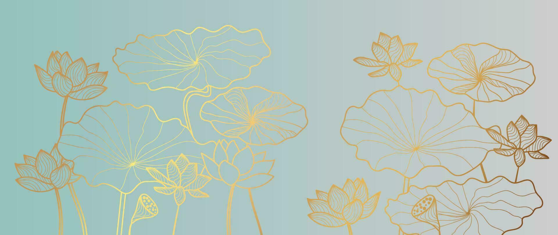 Luxury hand drawn lotus flowers background vector. Elegant gradient gold lotus flowers line art, leaves on blue background. Oriental design for wedding invitation, cover, print, decoration, template. vector