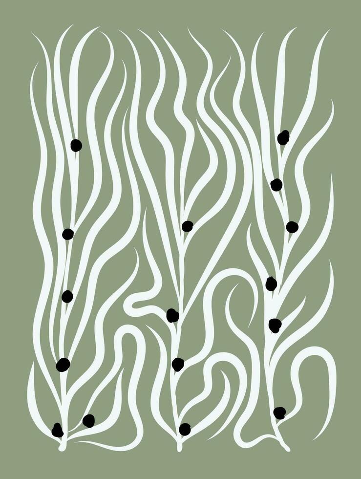resumen botánico Arte antecedentes vector. natural mano dibujado modelo diseño con blanco hojas, sucursales. sencillo contemporáneo estilo ilustrado diseño para tela, imprimir, cubrir, bandera, fondo de pantalla. vector