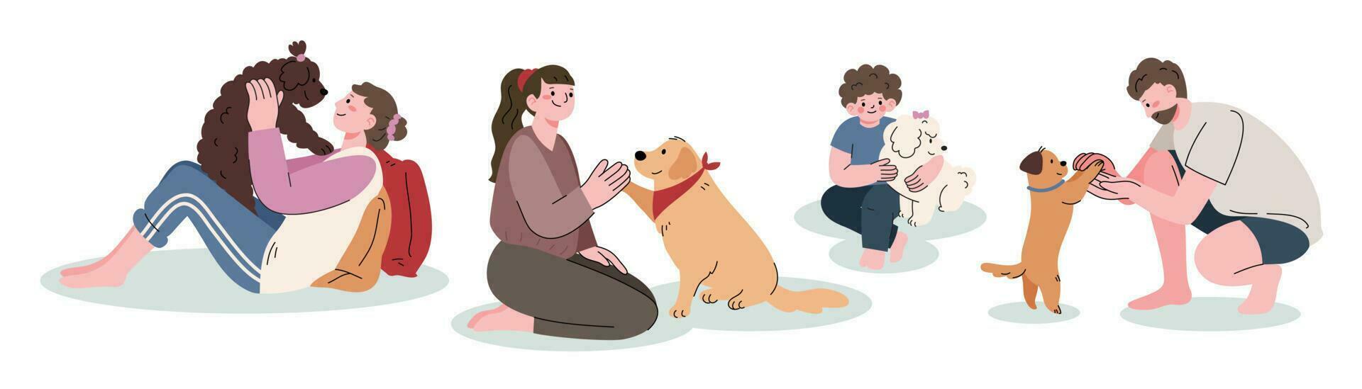 Set of Happy owner and pet concept vector. Flat cartoon characters collection with women, men hugging, dog training. Dog and peoples illustration design for decoration, cover, website, poster. vector