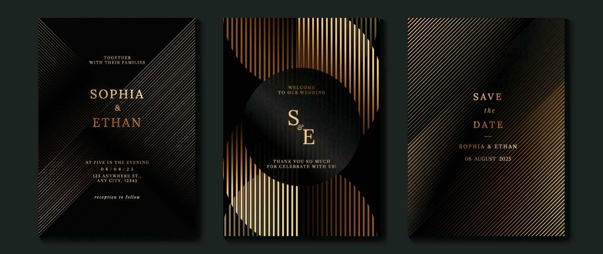 Luxury wedding invitation card background vector. Golden elegant geometric shape, gold wavy lines on dark background. Premium design illustration for wedding and vip cover template, banner, poster. vector