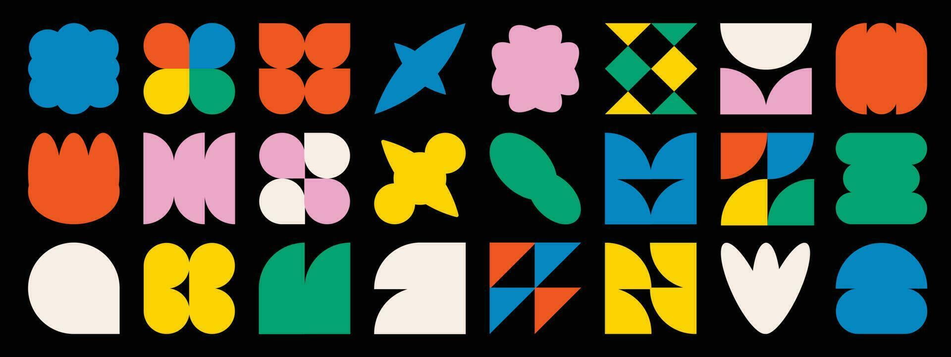 Set of abstract retro geometric shapes vector. Collection of contemporary figure, flower, stars in 70s groovy style. Bauhaus Memphis design element perfect for banner, prints, stickers, decor. vector