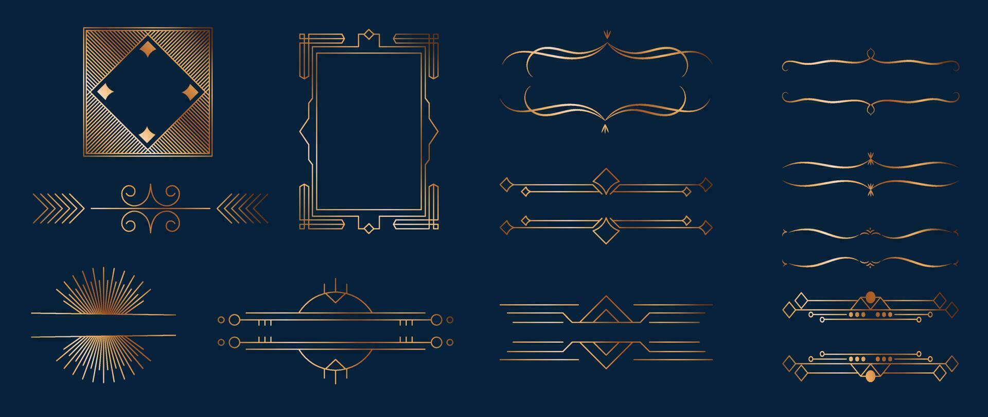 Collection of geometric art deco ornament. Luxury golden decorative elements with different lines, frames, headers, dividers and borders. Set of elegant design suitable for card, invitation, poster. vector