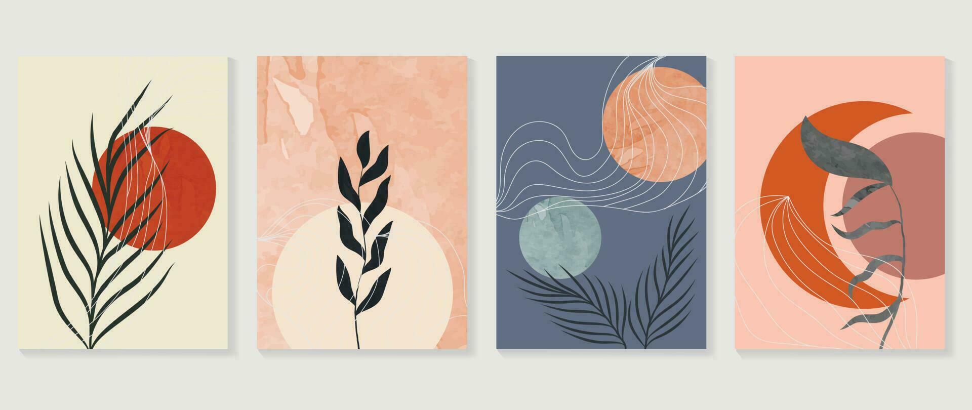 Set of abstract foliage wall art vector. Leaves, geometric shapes, earth tone colors, leaf branch in line art style. Watercolor wall decoration collection design for interior, poster, cover, banner. vector
