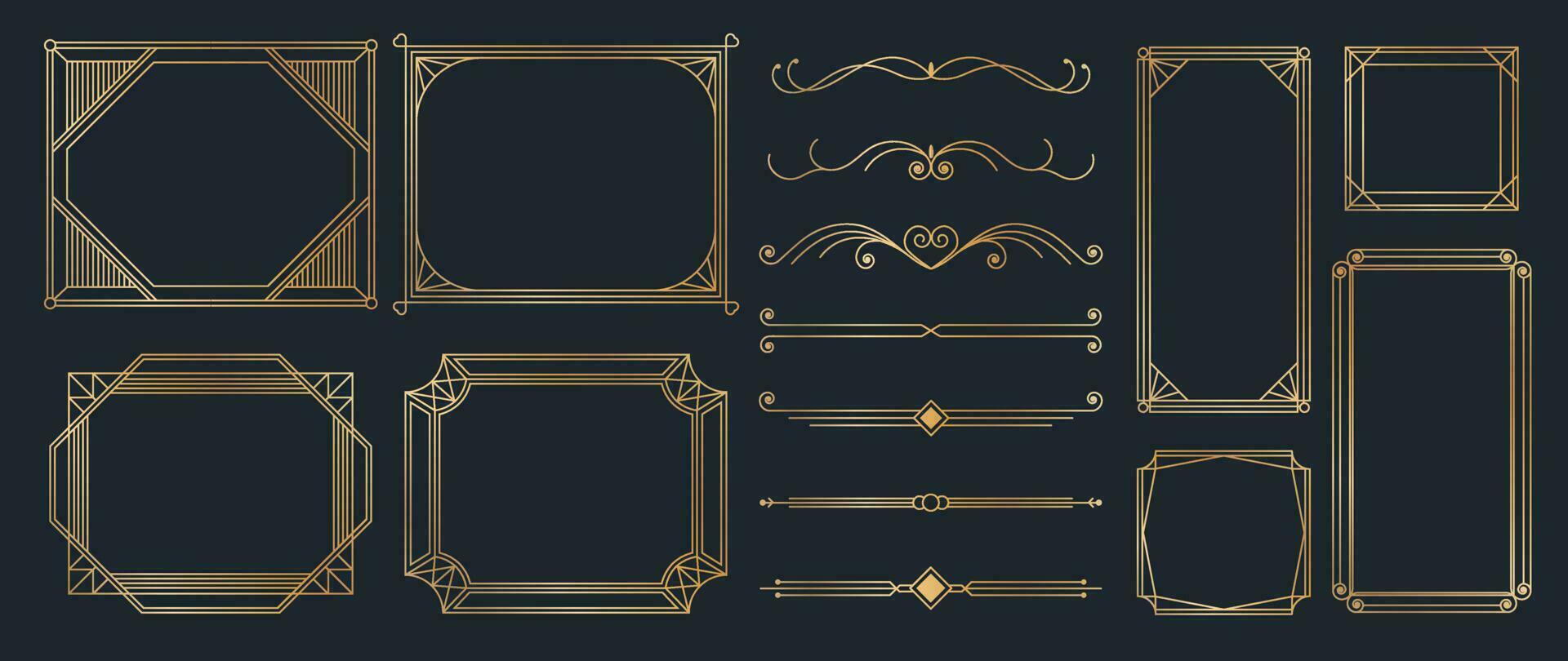 Collection of geometric art deco ornament. Luxury golden decorative elements with different lines, frames, headers, dividers and borders. Set of elegant design suitable for card, invitation, poster. vector