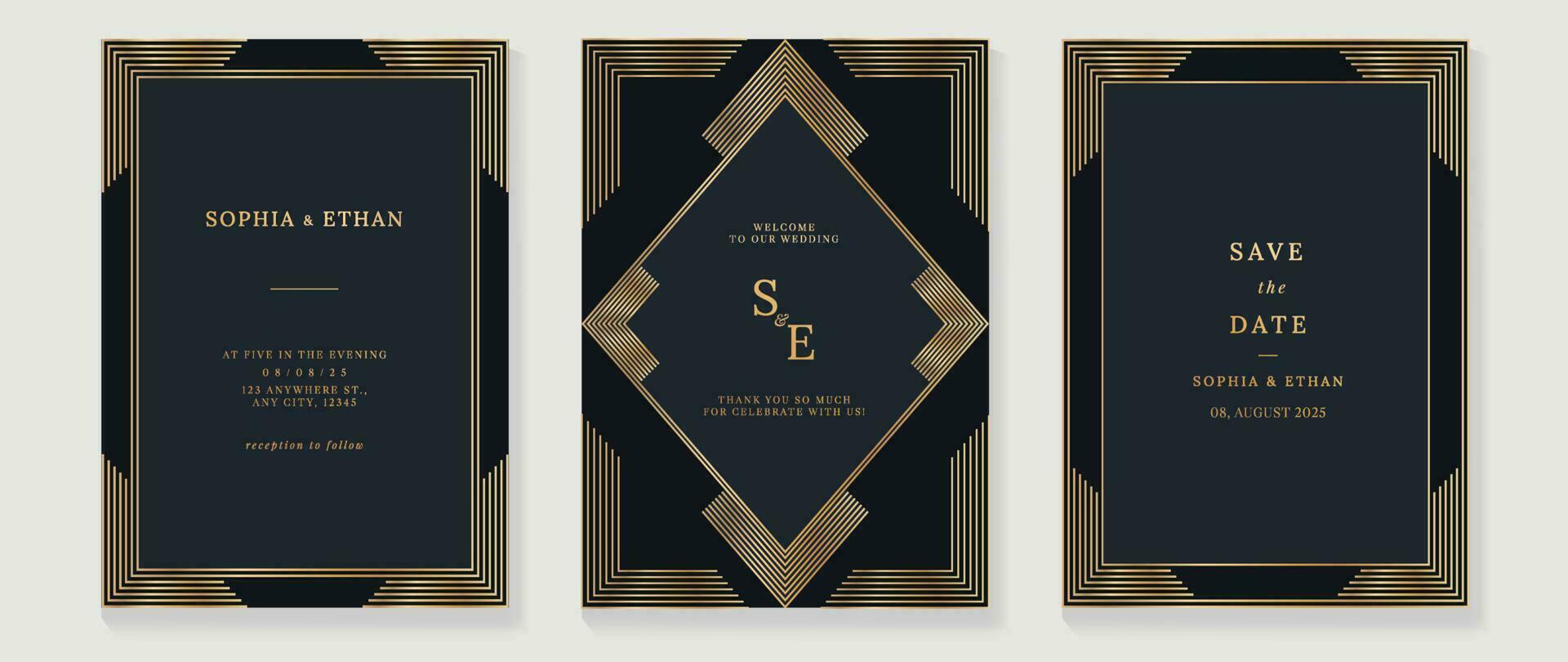 Luxury wedding invitation card background vector. Golden elegant geometric shape, gold lines on dark background. Premium design illustration for wedding and vip cover template, banner, poster. vector