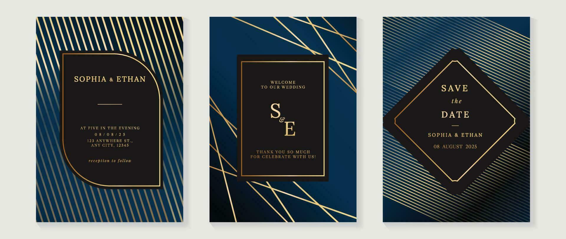 Luxury wedding invitation card background vector. Golden elegant geometric shape, gold lines on dark blue background. Premium design illustration for wedding and vip cover template, banner, poster. vector