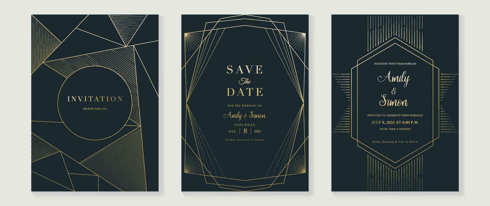 Luxury wedding invitation card background vector. Golden elegant geometric shape, gold lines on green background. Premium design illustration for wedding and vip cover template, banner, poster. vector