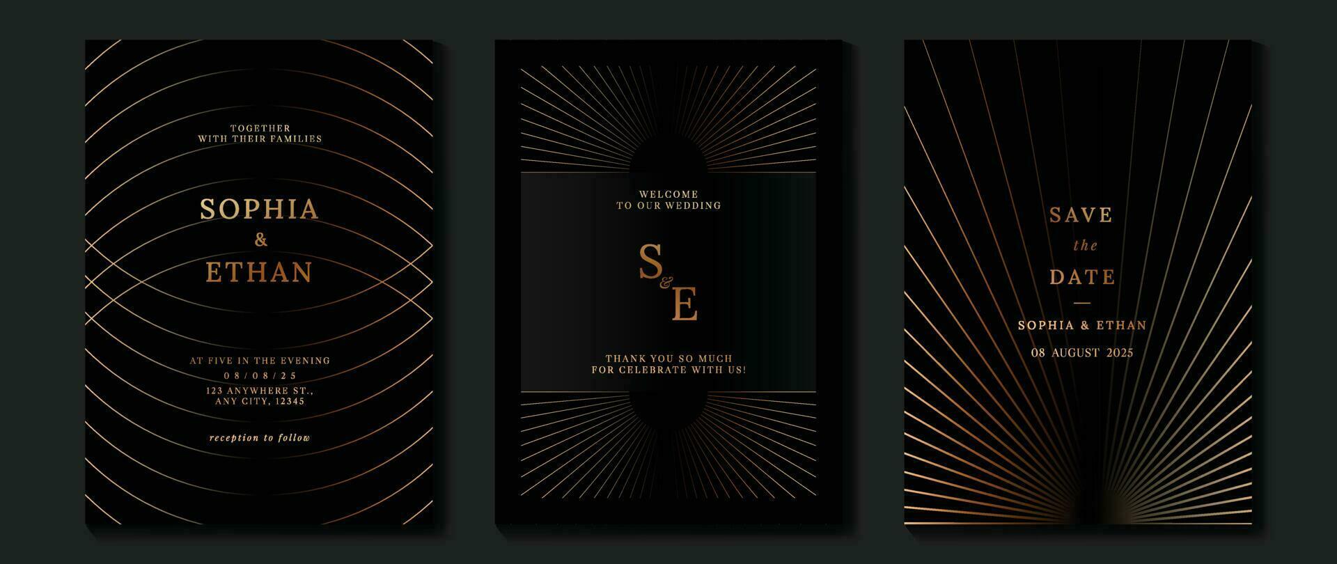 Luxury wedding invitation card background vector. Golden elegant geometric shape, gold wavy lines on dark background. Premium design illustration for wedding and vip cover template, banner, poster. vector