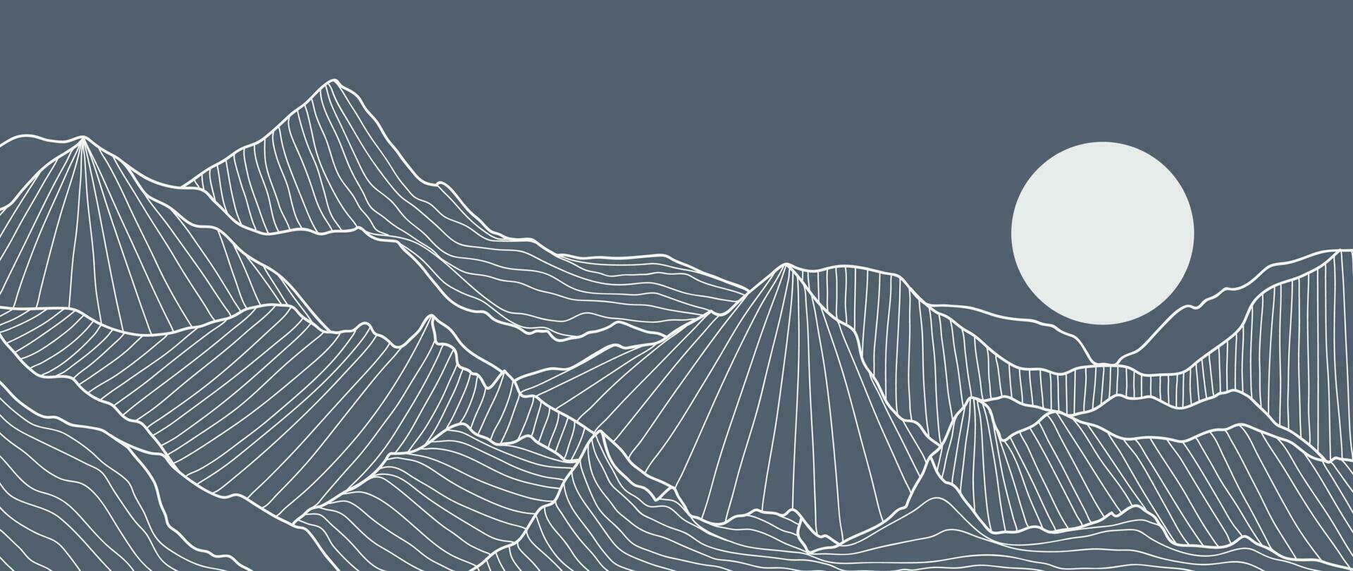 Mountain line art wallpaper. Contour drawing luxury scenic landscape, hills, moon. Panorama view of mountain design illustration for cover, invitation background, packaging design, banner and print. vector