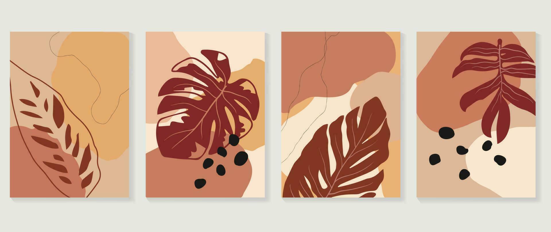 Set of abstract foliage wall art vector. Leaves, organic shapes, earth tone colors, leaf branch in line art style. Wall decoration collection design for interior, poster, cover, banner. vector