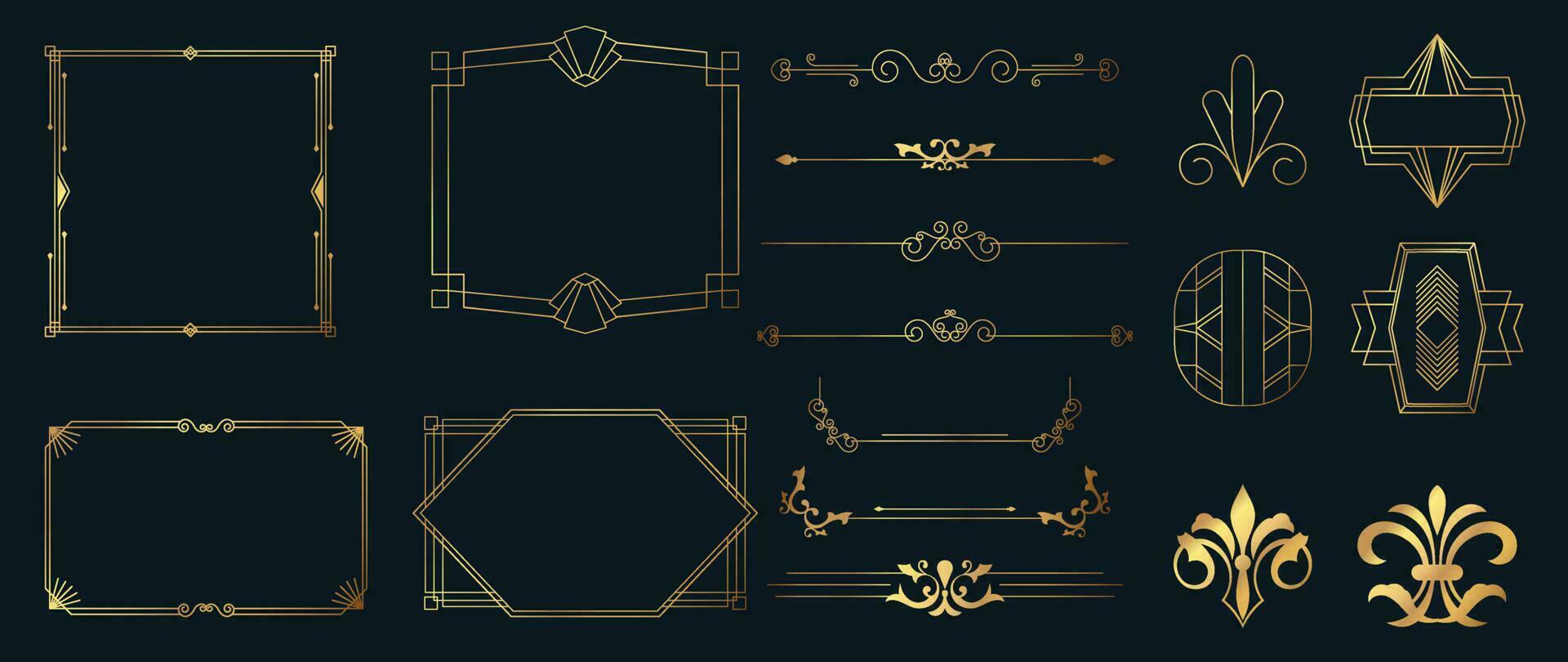 Collection of geometric art deco ornament. Luxury golden decorative elements with different lines, frames, headers, dividers and borders. Set of elegant design suitable for card, invitation, poster. vector