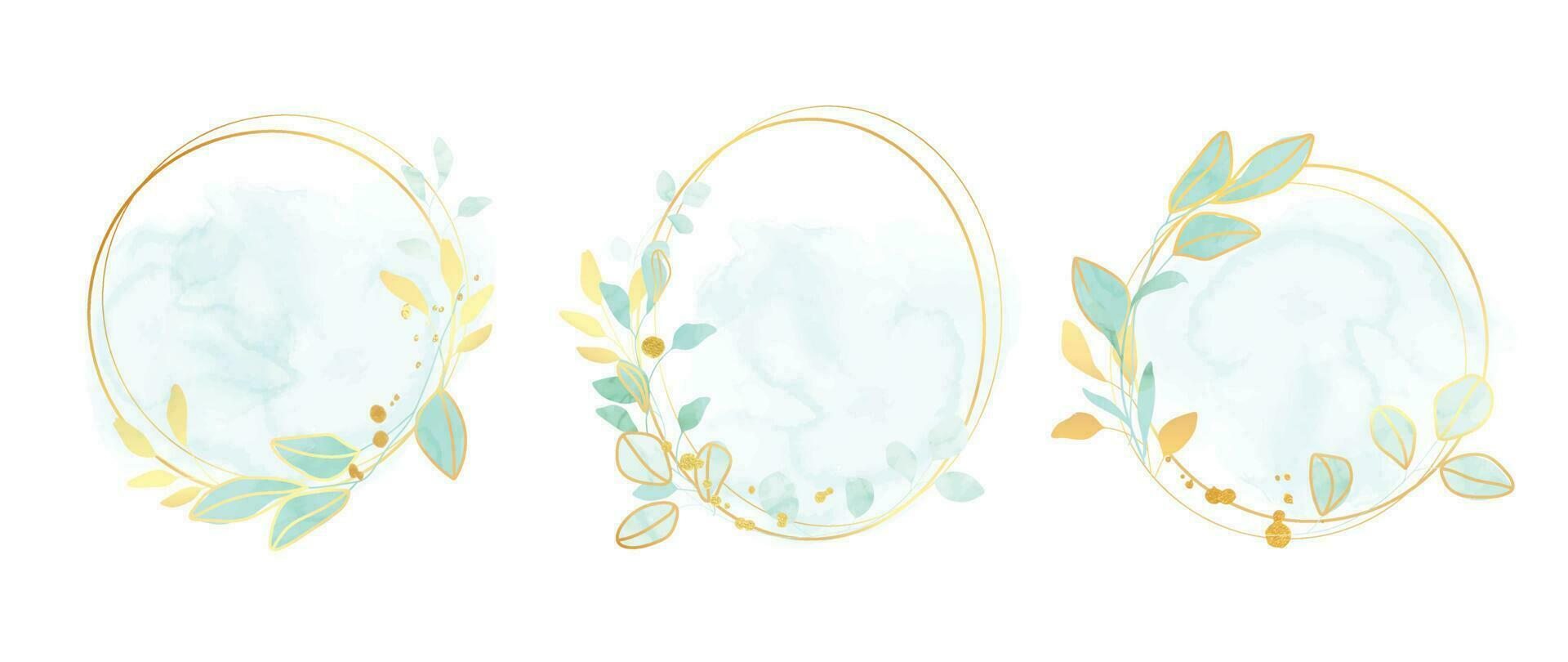 Luxury botanical gold wedding frame elements on white background. Set of polygon, circle, glitters, leaf branches. Elegant foliage design for wedding, card, invitation, greeting. vector