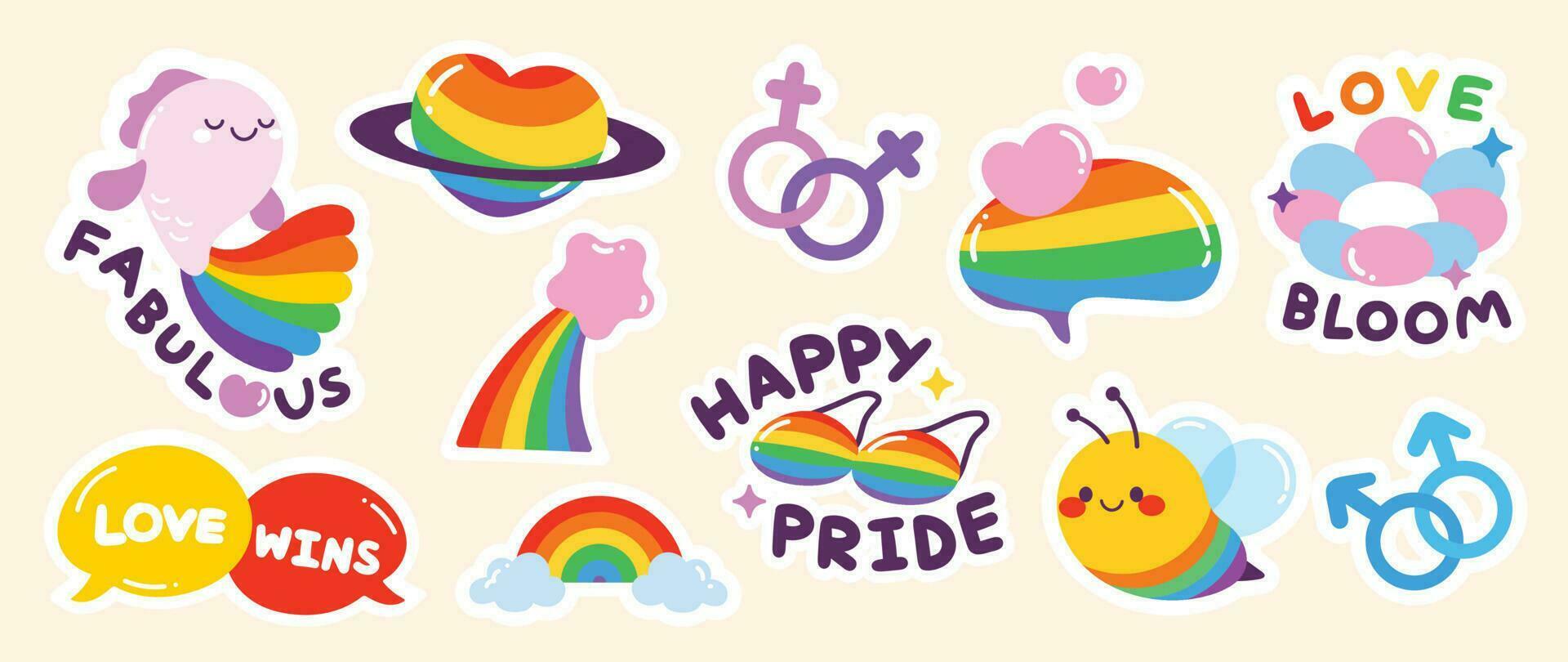 Happy Pride LGBTQ element set. LGBTQ community symbols with star, speech bubbles, flower, heart. Elements illustrated for pride month, bisexual, transgender, gender equality, sticker, rights concept. vector