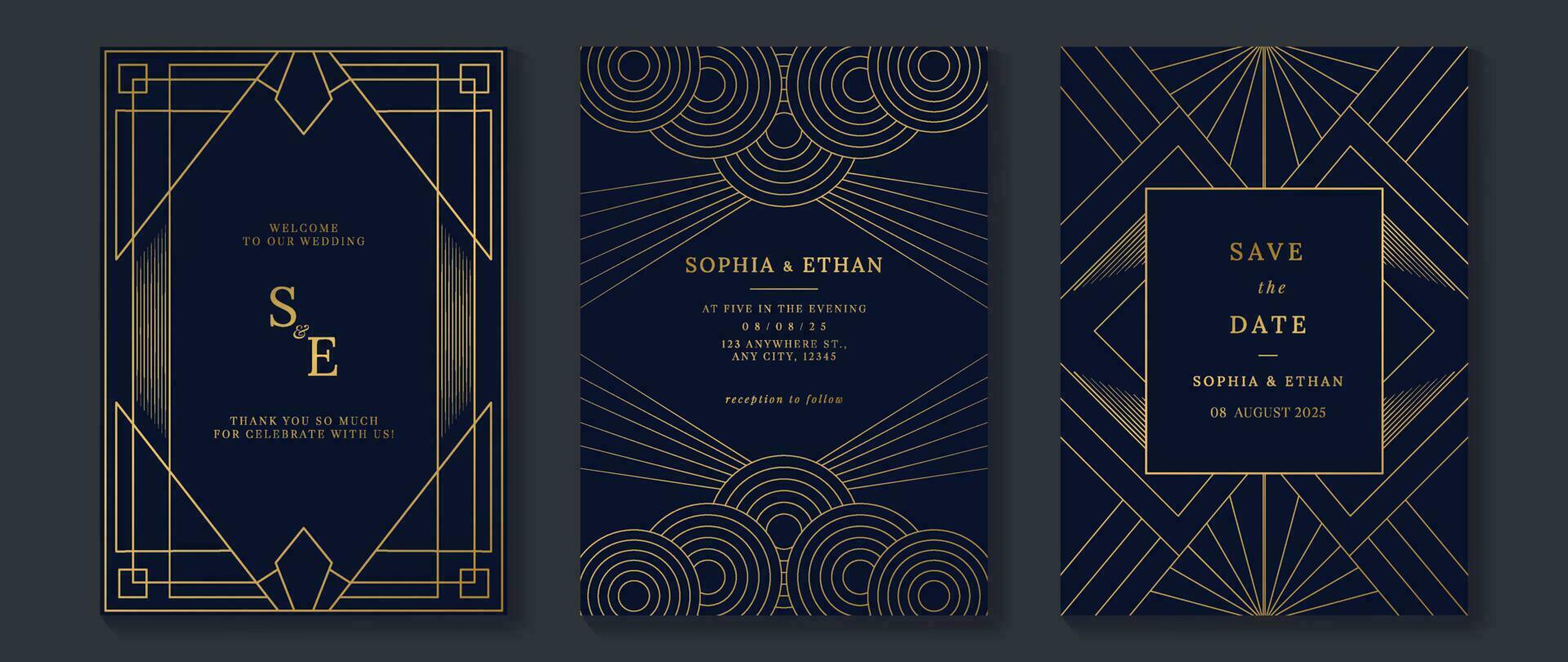 Luxury wedding invitation card background vector. Golden elegant geometric shape, gold lines on dark blue background. Premium design illustration for wedding and vip cover template, banner, poster. vector