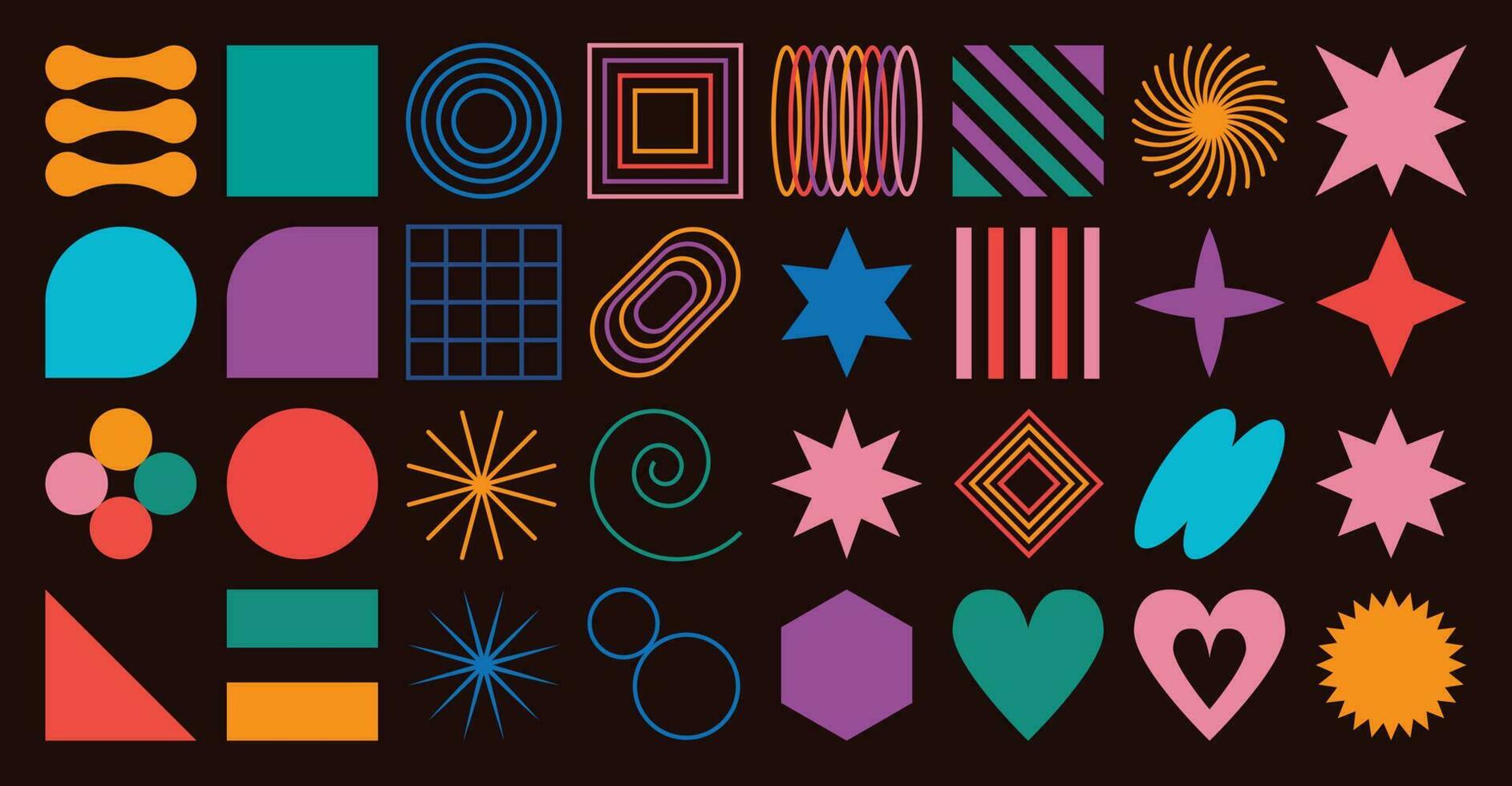Set of abstract retro geometric shapes vector. Collection of contemporary figure, heart, line, stars in 70s groovy style. Bauhaus Memphis design element perfect for banner, prints, stickers, decor. vector