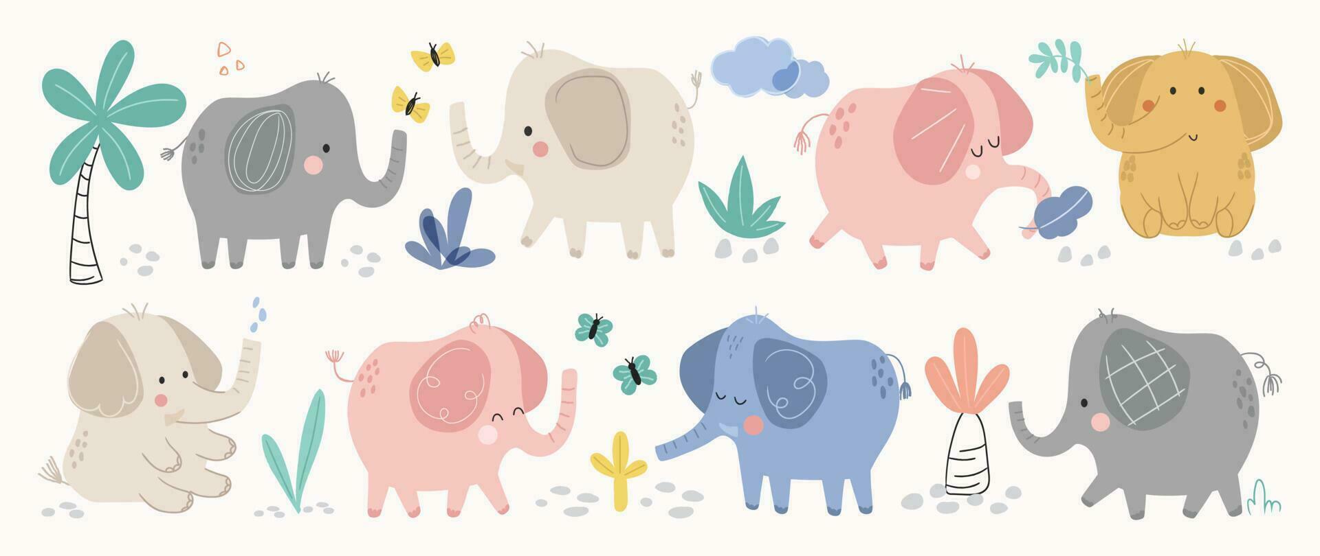 conjunto de linda elefantes vector. adorable salvaje vida elefante en diferente posa, feliz, sesión, mariposa, flor, árbol. contento salvaje animales ilustración diseño para educación, niños, póster, pegatinas vector