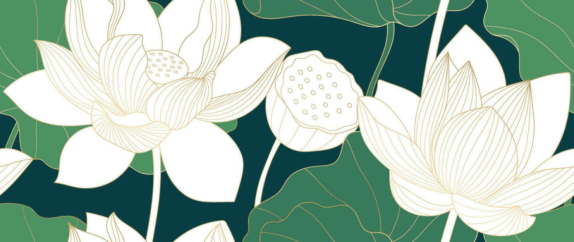 Luxury oriental flower background vector. Elegant white lotus flowers golden line art, leaves in seamless pattern. Japanese and Chinese illustration Design for wallpaper, poster, banner, fabric. vector