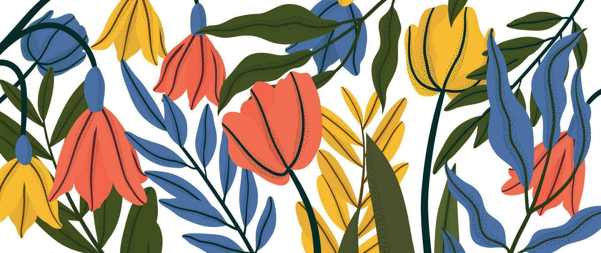 vistoso floral y botánico antecedentes vector. resumen fondo de pantalla de flores, sucursales, flores silvestres con contorneado textura. exótico plantas en verano tono para bandera, huellas dactilares, decoración, pared Arte. vector