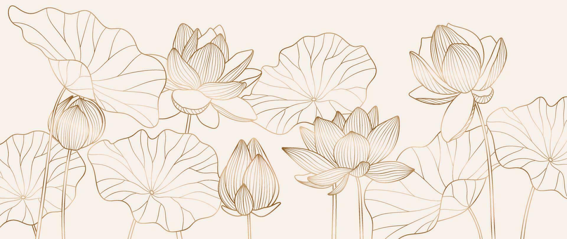 Luxury hand drawn lotus flowers background vector. Elegant gradient gold lotus flowers line art, leaves on white background. Oriental design for wedding invitation, cover, print, decoration, template. vector