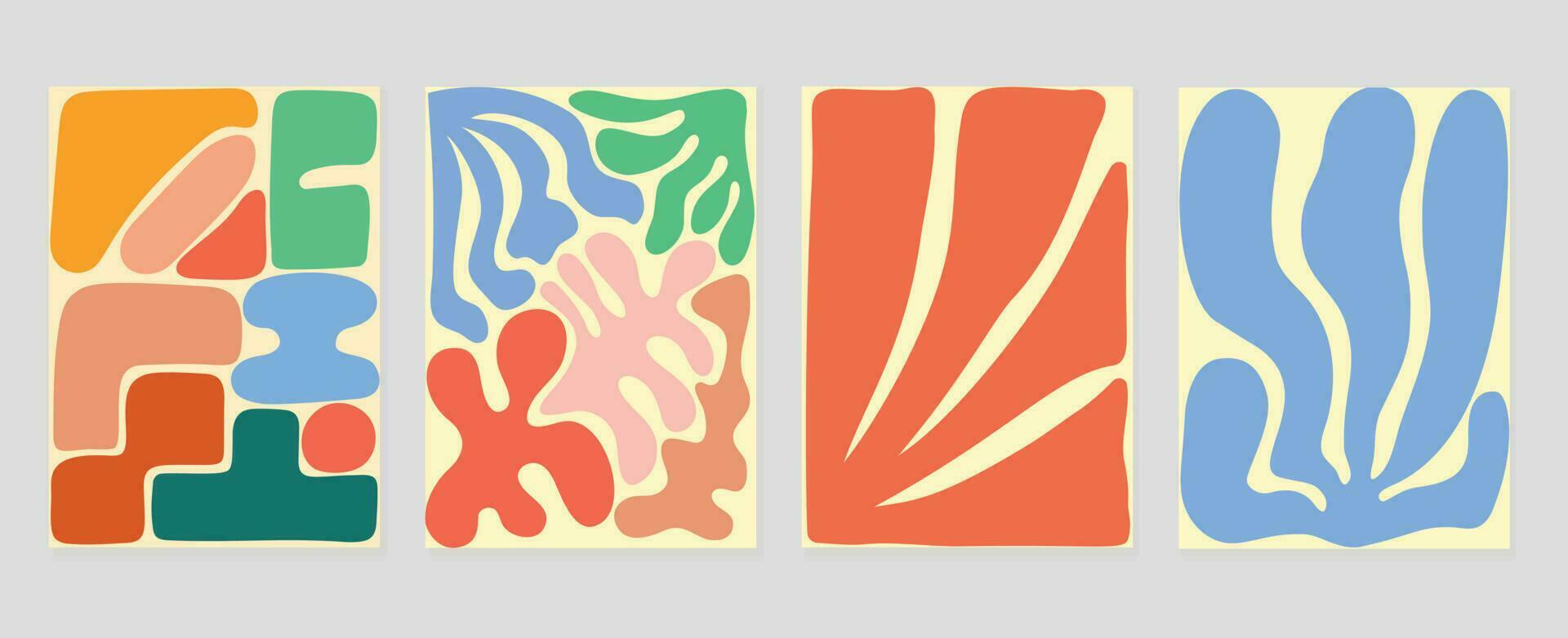 conjunto de resumen cubrir antecedentes inspirado por Matisse. plantas, hoja rama, coral en mano dibujado estilo. contemporáneo estético ilustrado diseño para pared arte, decoración, fondo de pantalla. vector