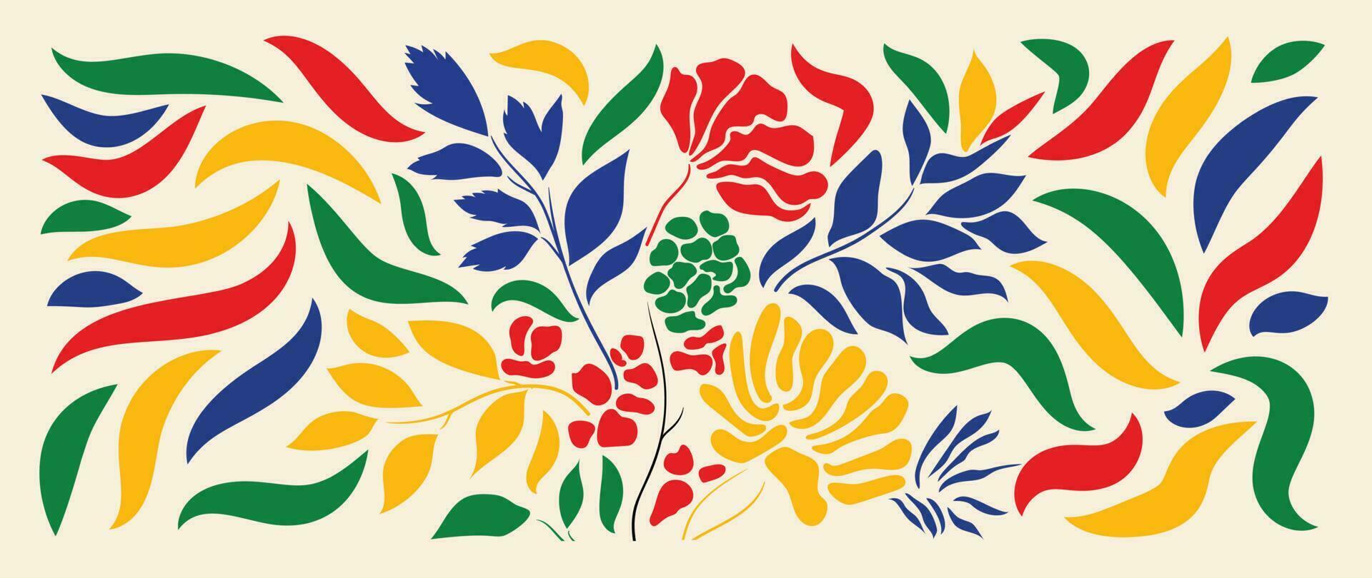 Colorful botanical background vector. Abstract natural hand drawn pattern design with flower, leaves, branch. Simple contemporary style illustrated Design for fabric, print, cover, banner, wallpaper. vector