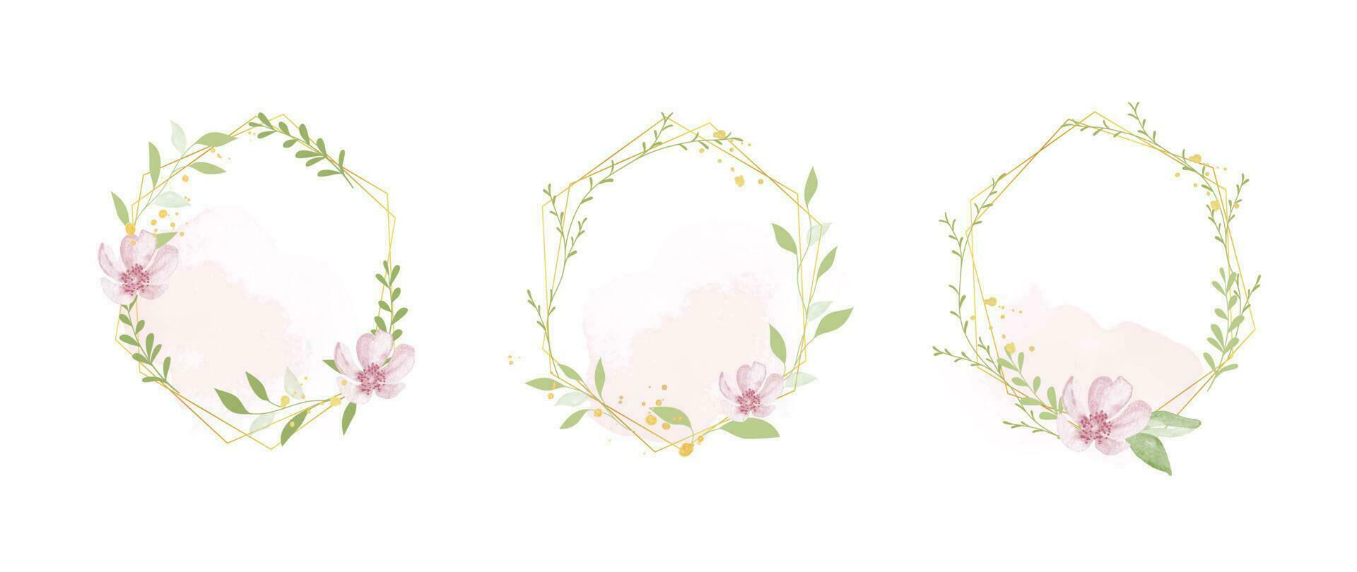 Luxury botanical gold wedding frame elements on white background. Set of polygon, circle, glitters, flower, leaf branches. Elegant foliage design for wedding, card, invitation, greeting. vector