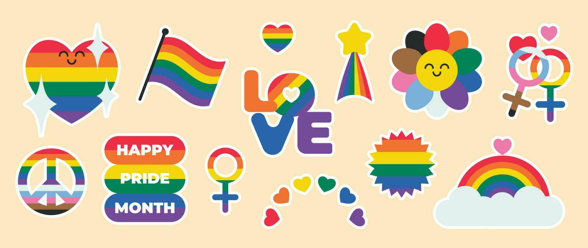 Happy Pride LGBTQ element set. LGBTQ community symbols with rainbow flag, flower, heart. Elements illustrated for pride month, bisexual, transgender, gender equality, sticker, rights concept. vector