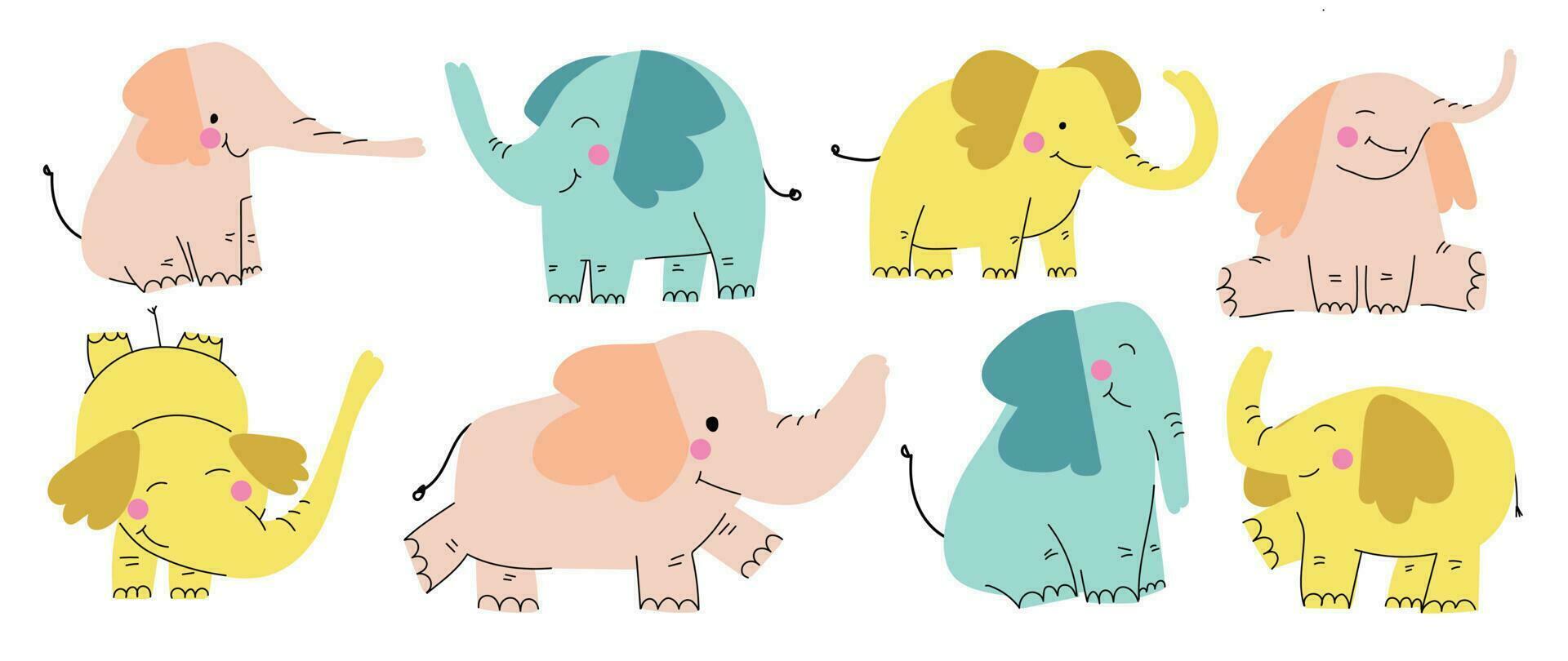 Set of cute elephants vector. Adorable wild life elephant in different poses, happy, sitting, and decorative elements. Happy wild animals illustration design for education, kids, poster, stickers. vector