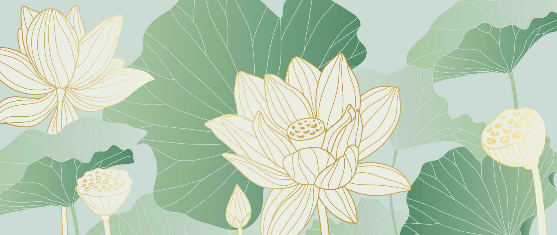 lujo oriental flor antecedentes vector. elegante blanco loto flores dorado línea arte, hojas, degradado color. japonés y chino ilustración diseño para decoración, fondo de pantalla, póster, bandera, tarjeta. vector