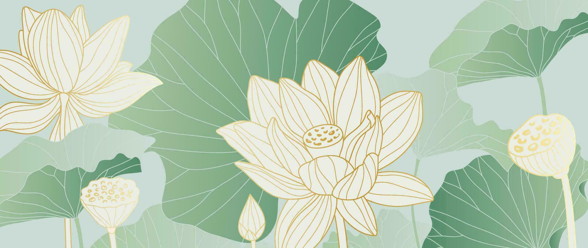 Luxury oriental flower background vector. Elegant white lotus flowers golden line art, leaves, gradient color. Japanese and Chinese illustration Design for decor, wallpaper, poster, banner, card. vector