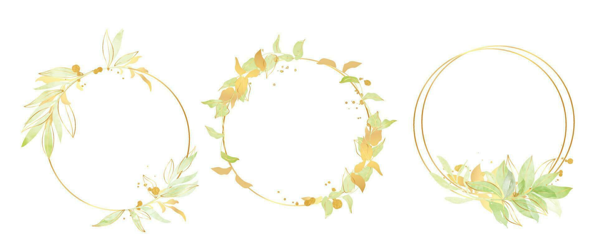 Luxury botanical gold wedding frame elements on white background. Set of polygon, circle, glitters, leaf branches. Elegant foliage design for wedding, card, invitation, greeting. vector