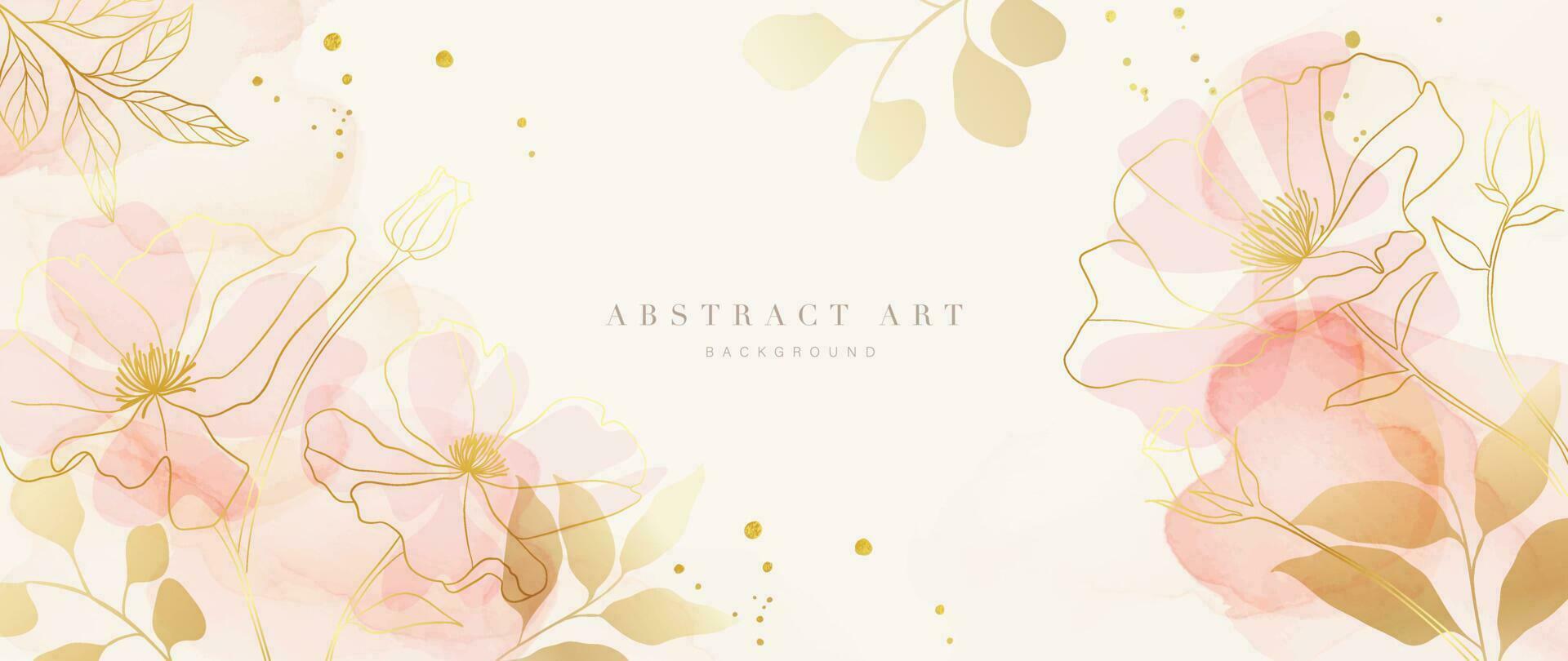 Spring floral in watercolor vector background. Luxury flower wallpaper design with wild flowers, line art, golden texture. Elegant gold botanical illustration suitable for fabric, prints, cover.