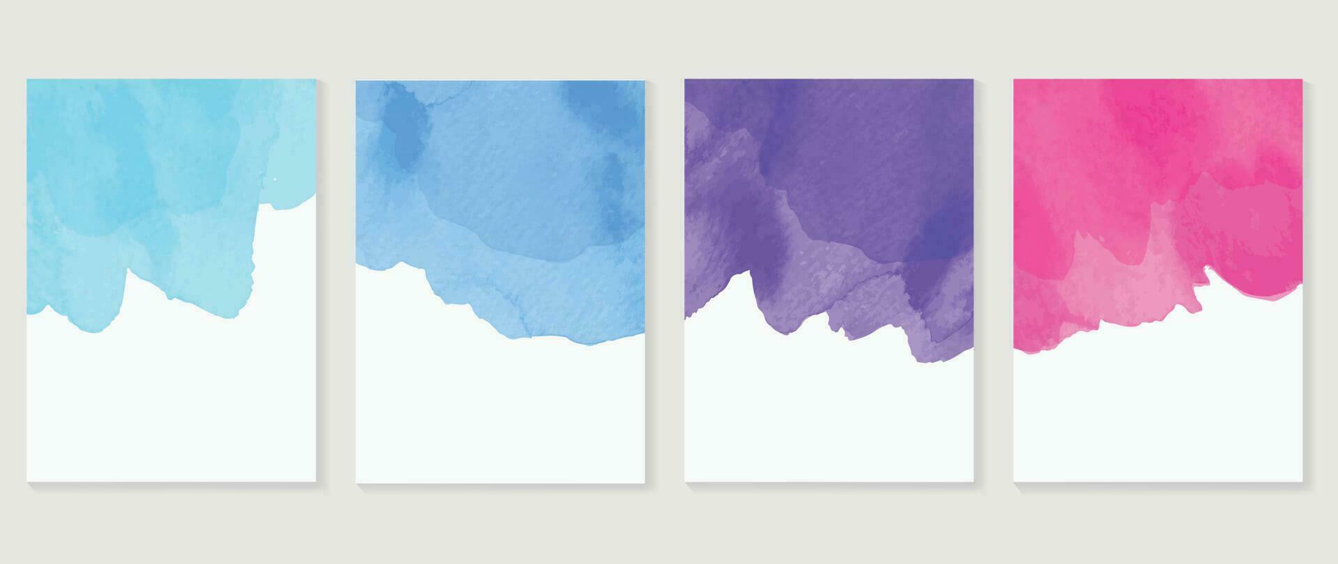 Watercolor art background cover template set. Wallpaper design with paint brush, pink, blue, purple, indigo color, brush stroke. Abstract illustration for prints, wall art and invitation card, banner. vector