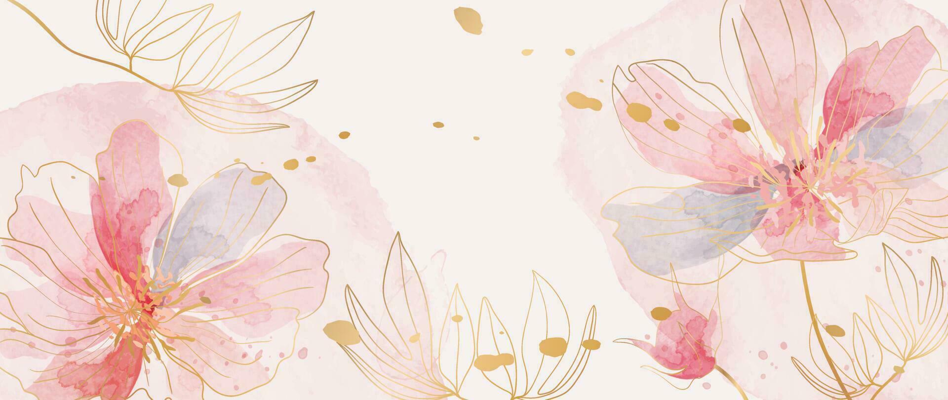 Spring floral in watercolor vector background. Luxury flower wallpaper design with wild flowers, line art, golden texture. Elegant gold botanical illustration suitable for fabric, prints, cover.