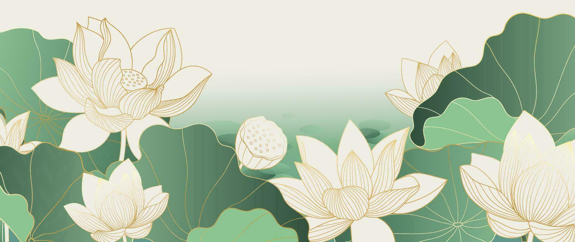 Luxury oriental flower background vector. Elegant white lotus flowers golden line art, leaves, gradient color. Japanese and Chinese illustration Design for decor, wallpaper, poster, banner, card. vector