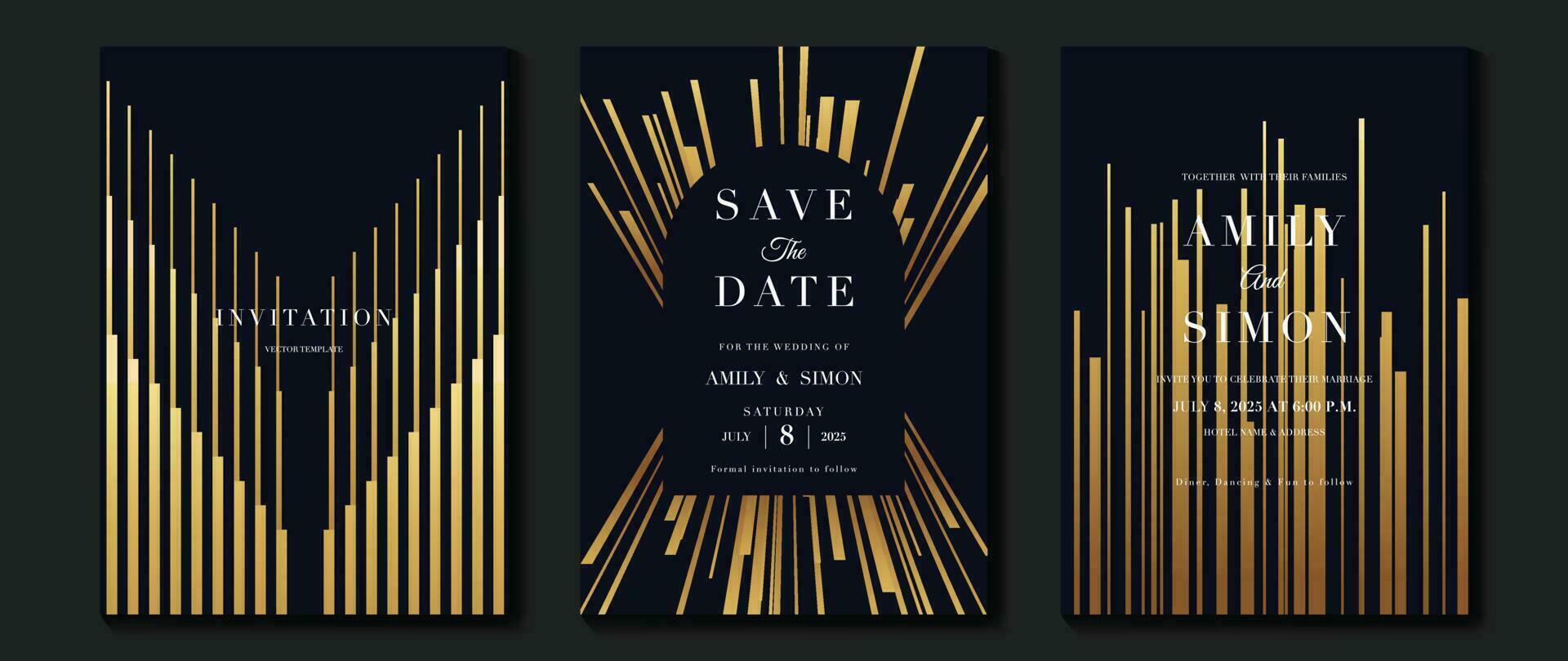 Luxury wedding invitation card background vector. Golden elegant geometric shape, gold lines on dark background. Premium design illustration for wedding and vip cover template, banner, poster. vector