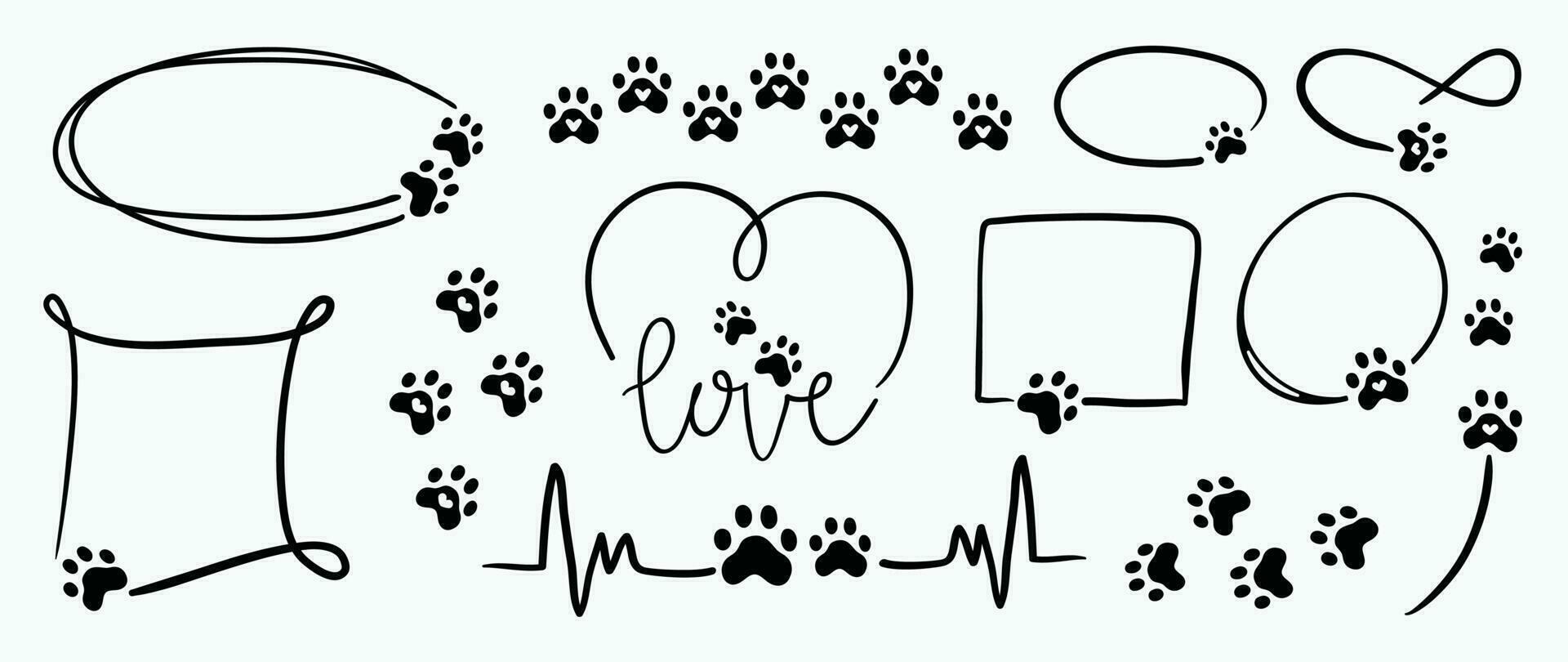 Set of dog paw footprints element vector. Hand drawn animal, pet, cat paw silhouette pattern, frames, doodles. Cute pet footsteps illustration design for fabric, decorative, sticker, wallpaper, kids vector