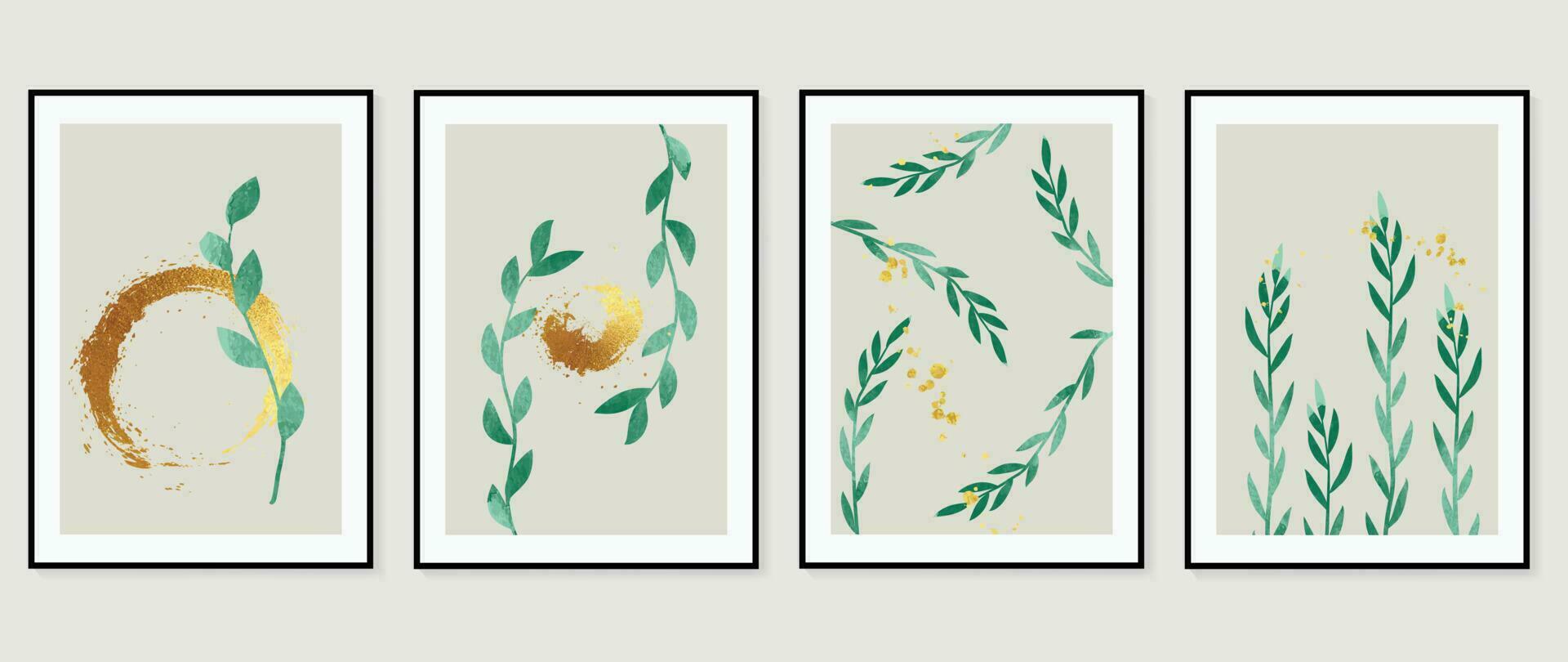 Abstract botanical wall art background vector. Set of modern wall decoration with gold brush leaves branch, watercolor texture. Trendy wallpaper illustration for interior, print, cover. vector