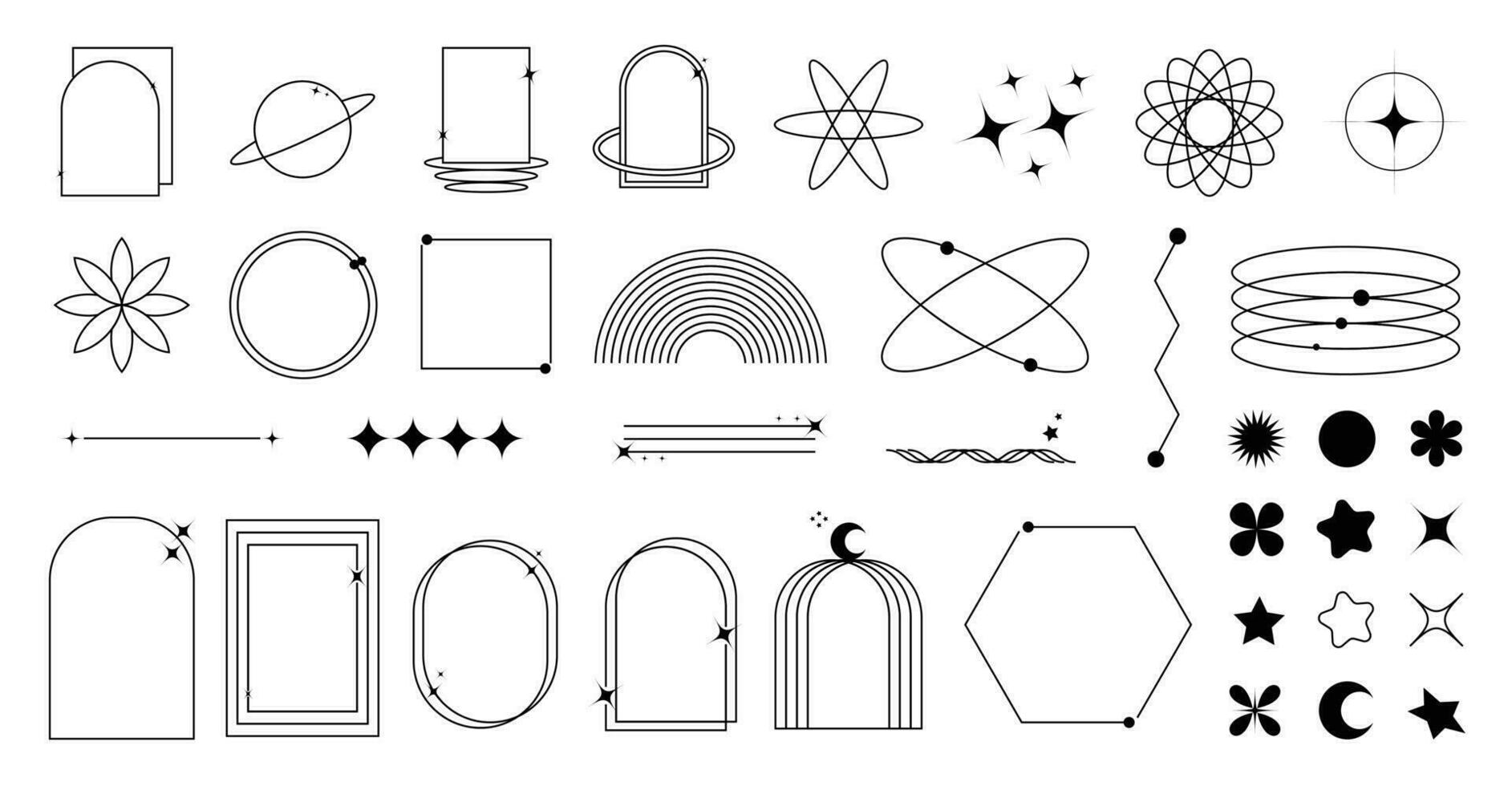 Set of geometric shapes in trendy 90s style. Black trendy design with frame, sparkles, star, flower, moon, lines. Y2k aesthetic element illustrated for banners, social media, poster design, sticker. vector