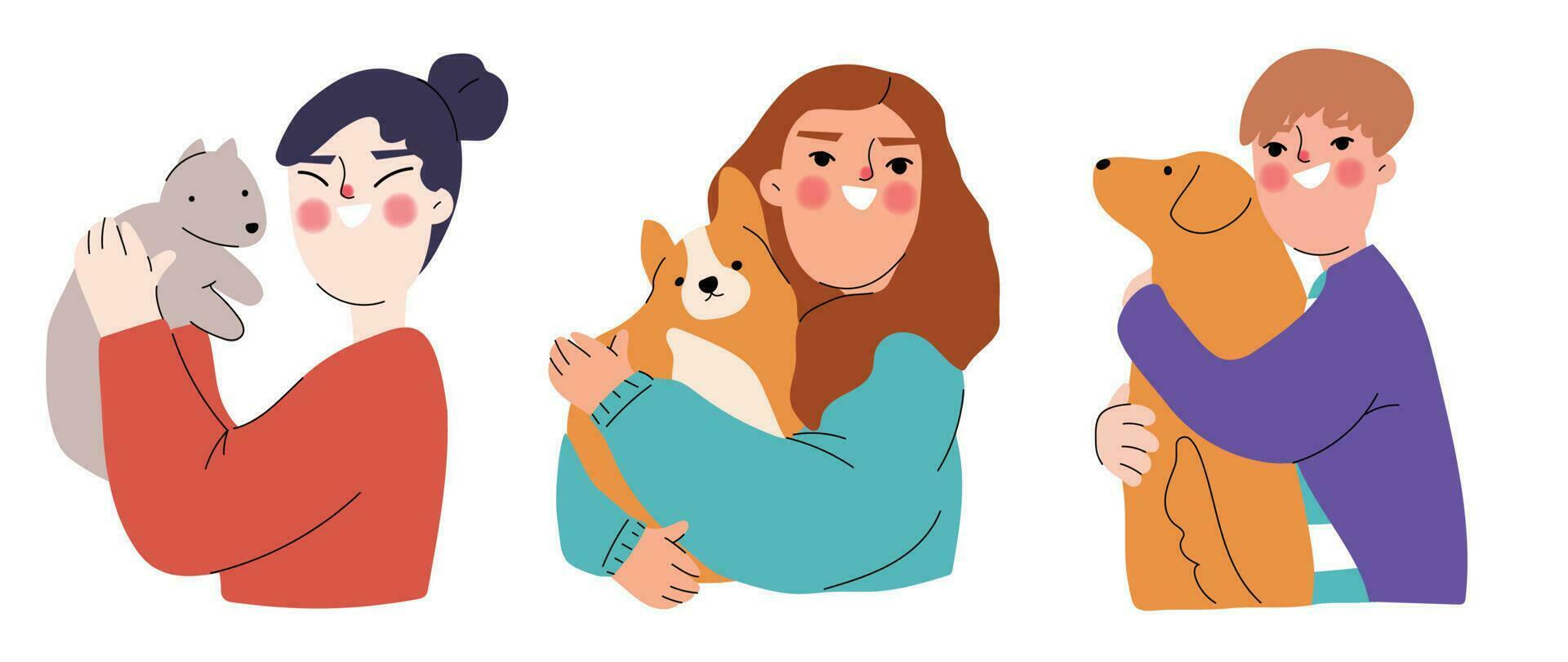 Set of Happy owner and pet concept vector. Flat cartoon characters collection with women, men hugging, hold their dogs. Dog and peoples illustration design for decoration, cover, website, poster. vector